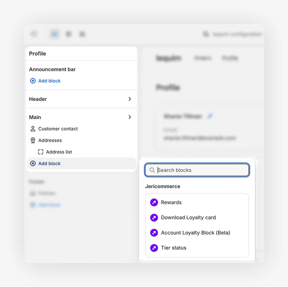 Adding the JeriCommerce Tier status block in the Shopify customer account editor