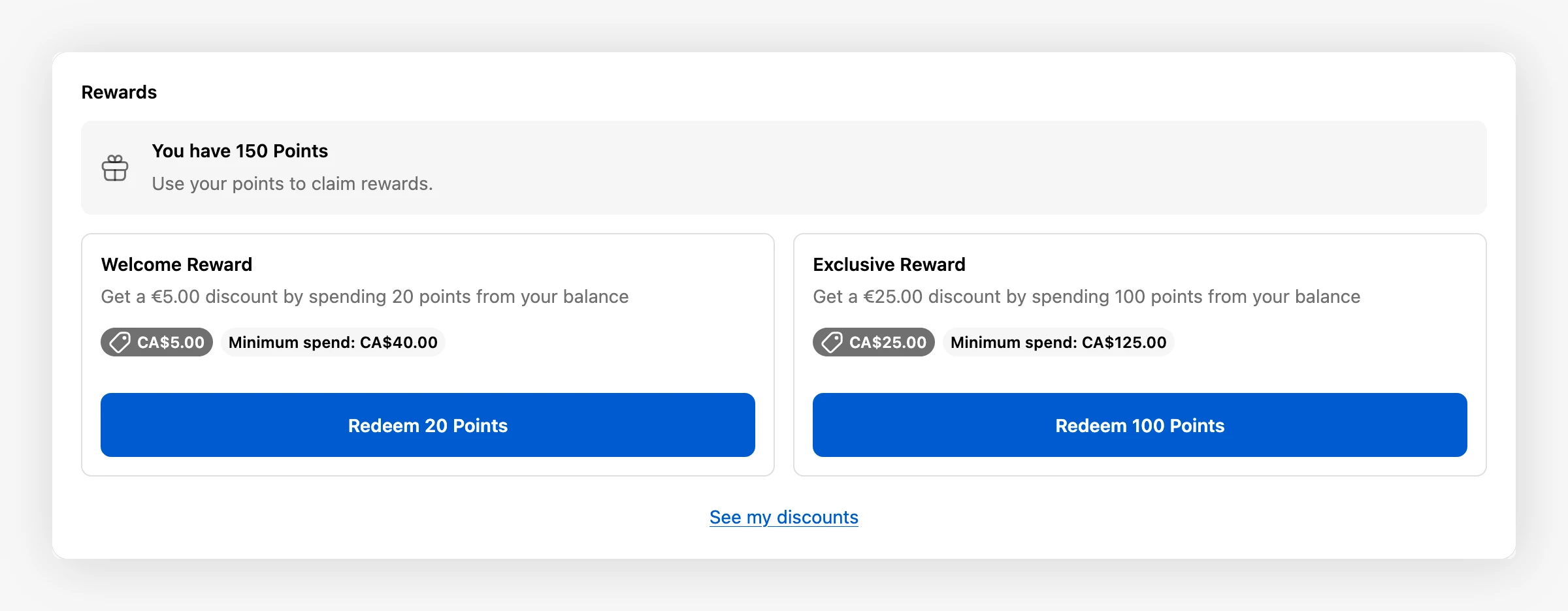 Rewards block on the Shopify customer account page showing points balance and two reward cards
