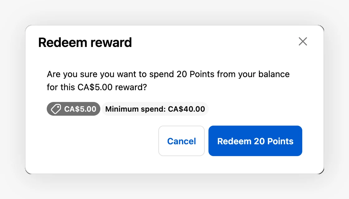 Reward redemption confirmation showing the points cost and minimum spend