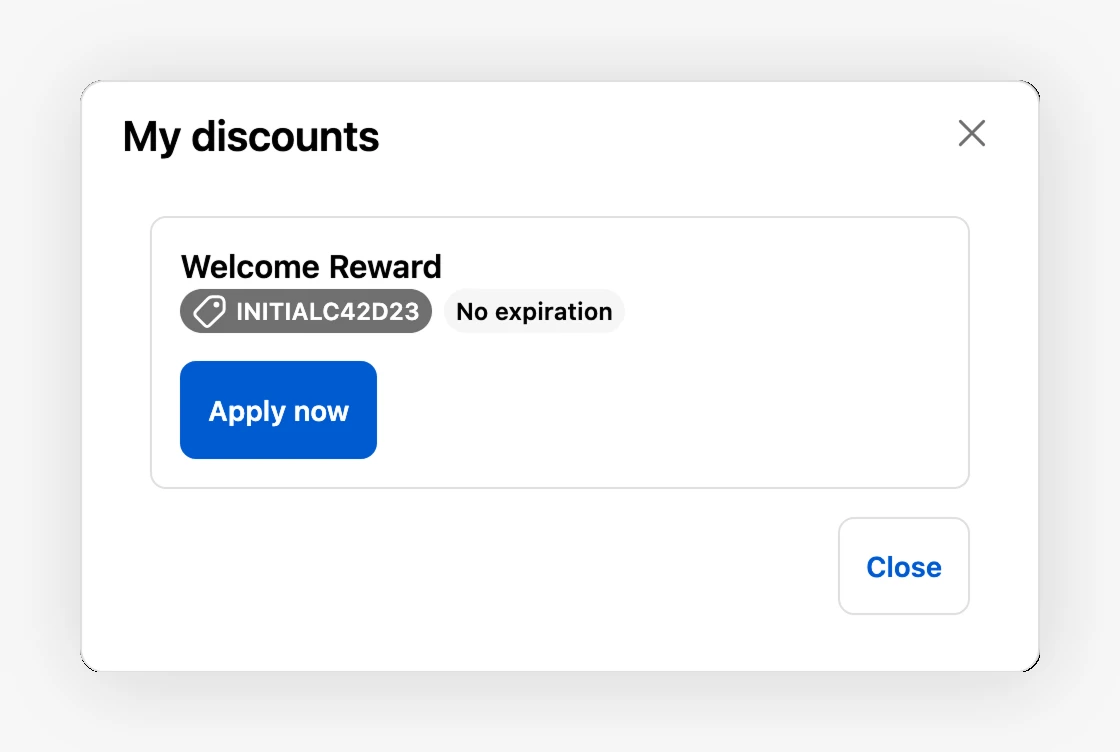See my discounts list showing a redeemed reward code with an Apply now button