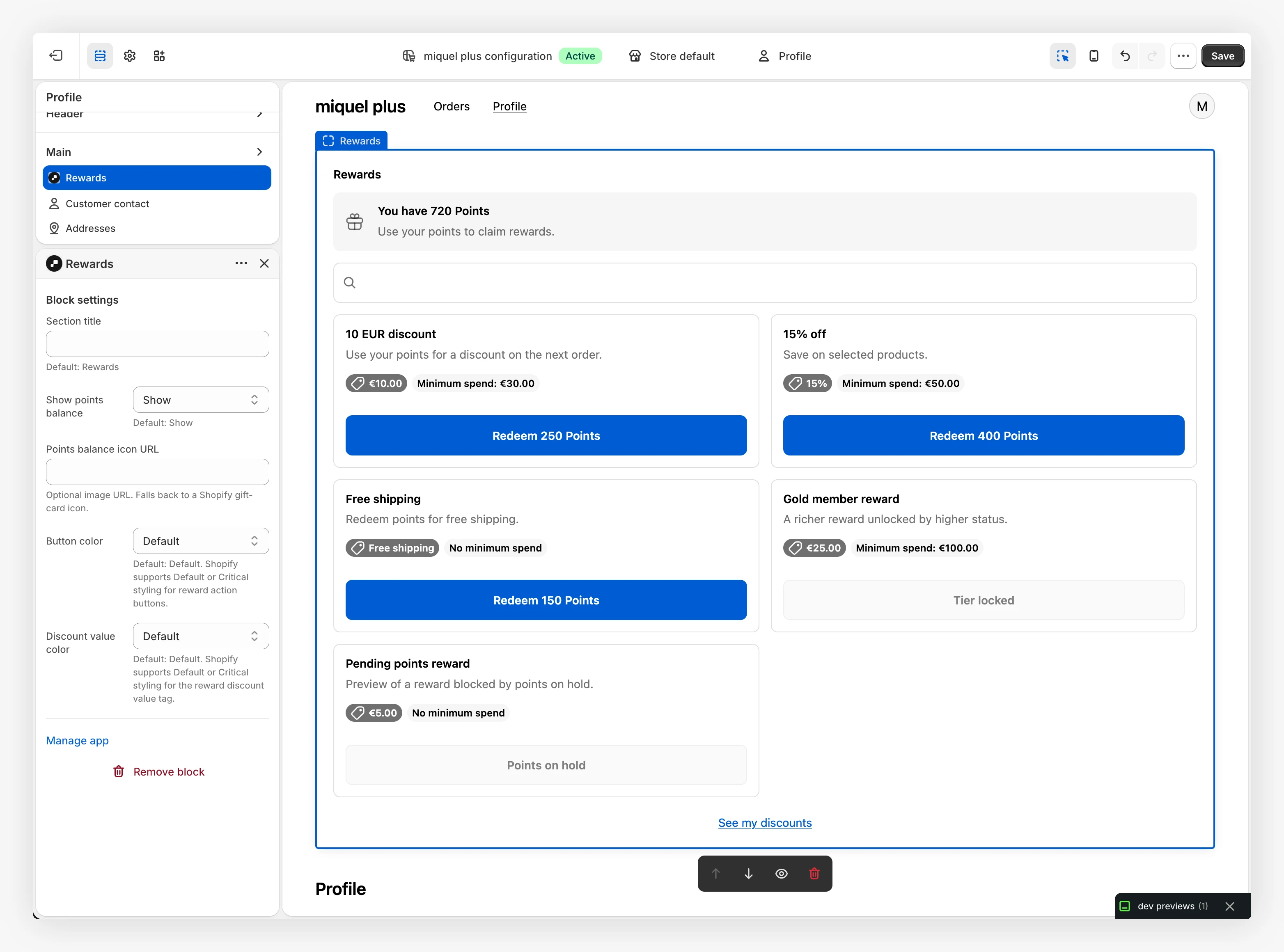 Rewards block settings in the Shopify customer account editor next to a live preview