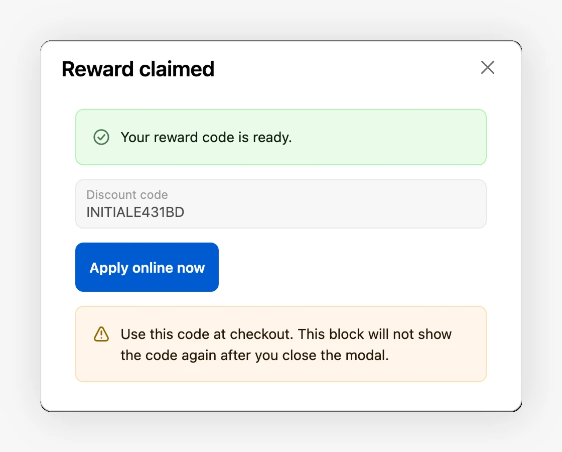 Reward claimed showing the discount code with copy and apply online now