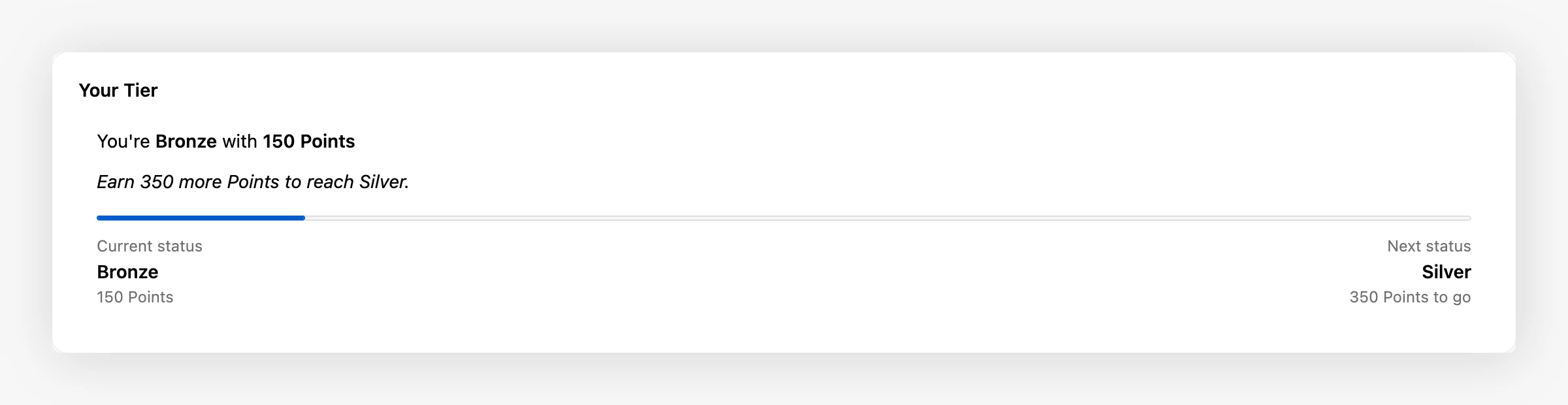 Tier status block on the Shopify customer account page showing Bronze tier and tier points toward Silver