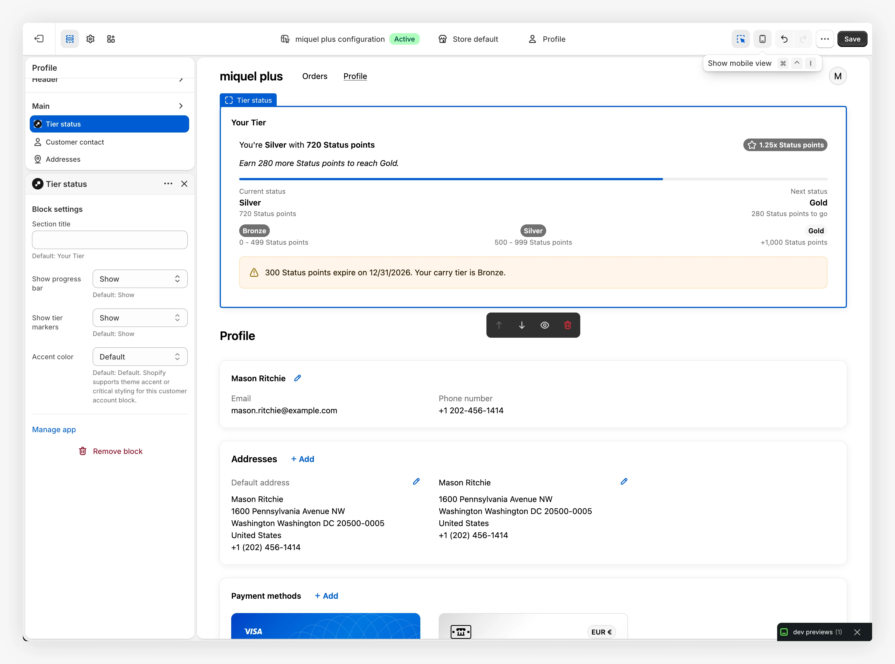 Tier status block settings in the Shopify customer account editor next to a live preview
