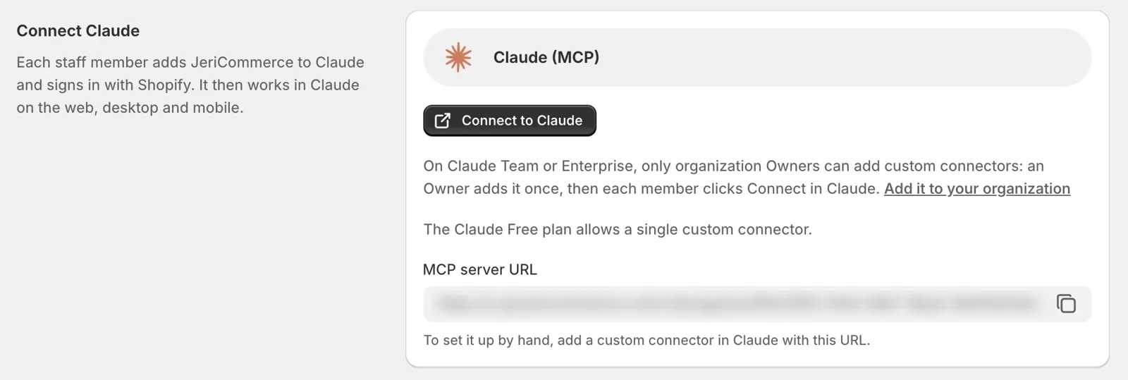 Connect Claude section with the Connect to Claude button, the note for Claude Team and Enterprise, and the MCP server URL