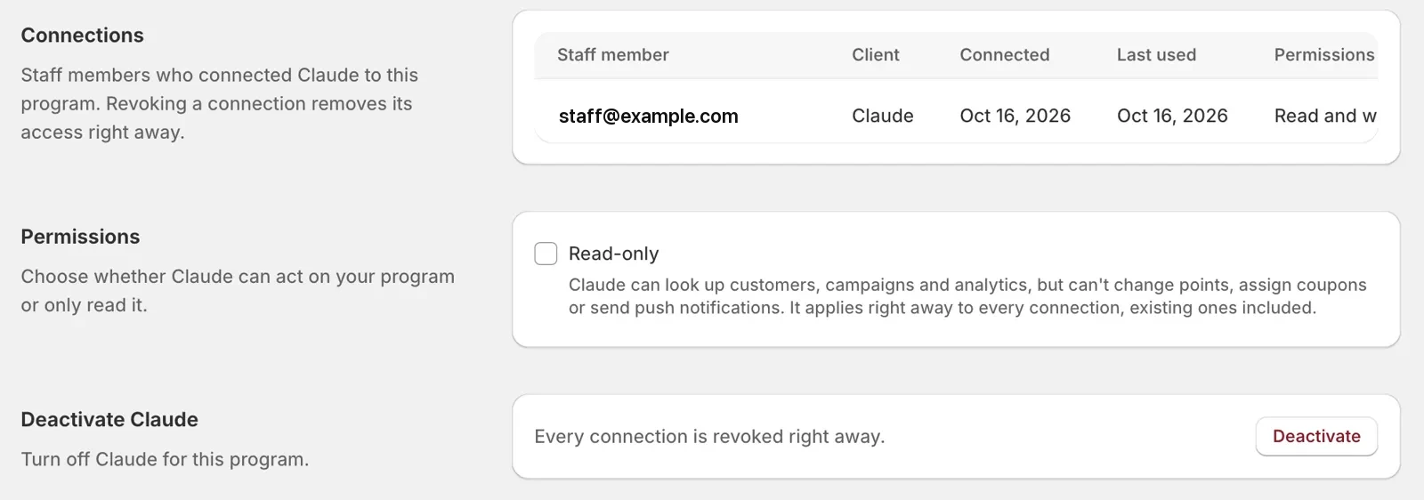 Connections table with one staff member, and the Permissions and Deactivate Claude sections below