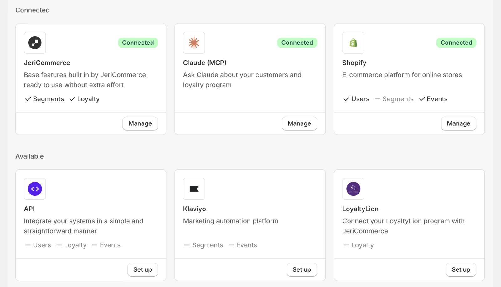 Claude (MCP) card in Settings, Integrations, next to the JeriCommerce and Shopify cards