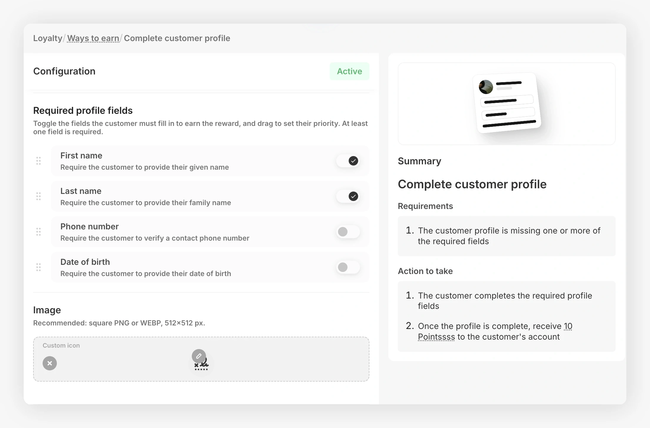 Required profile fields and flow summary in the admin