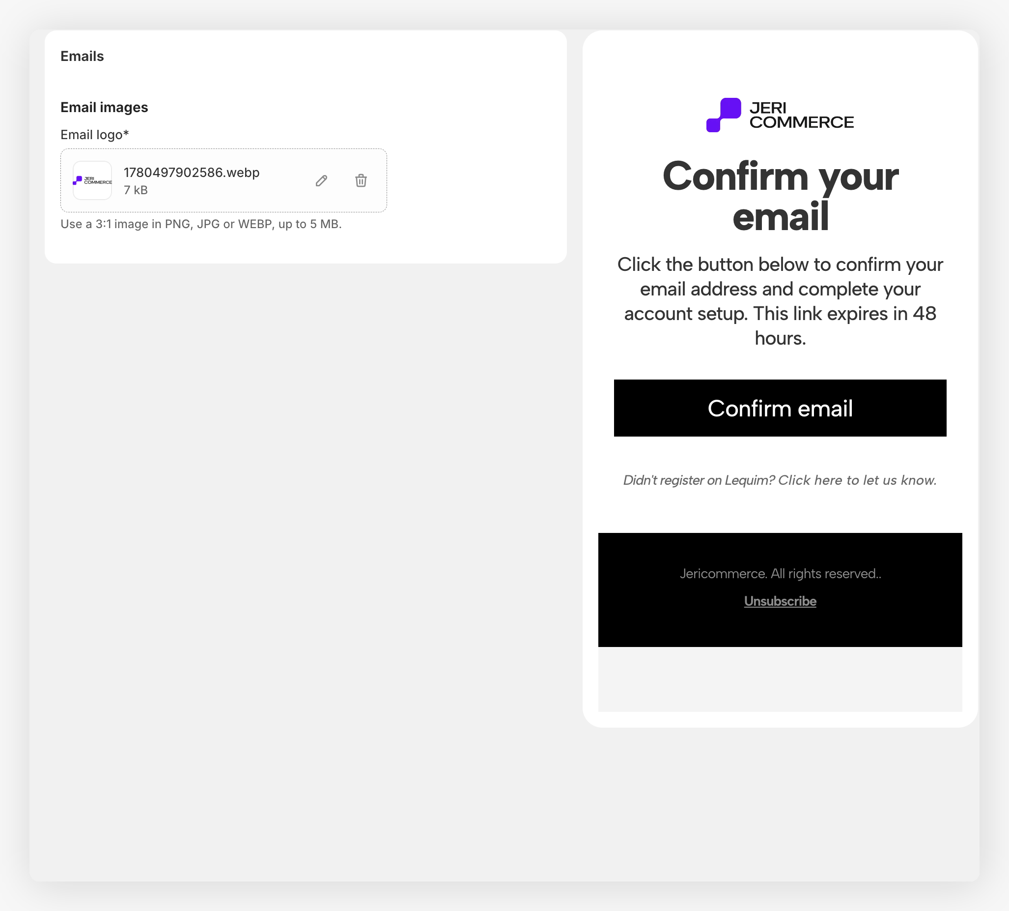 Email logo upload and confirmation email preview