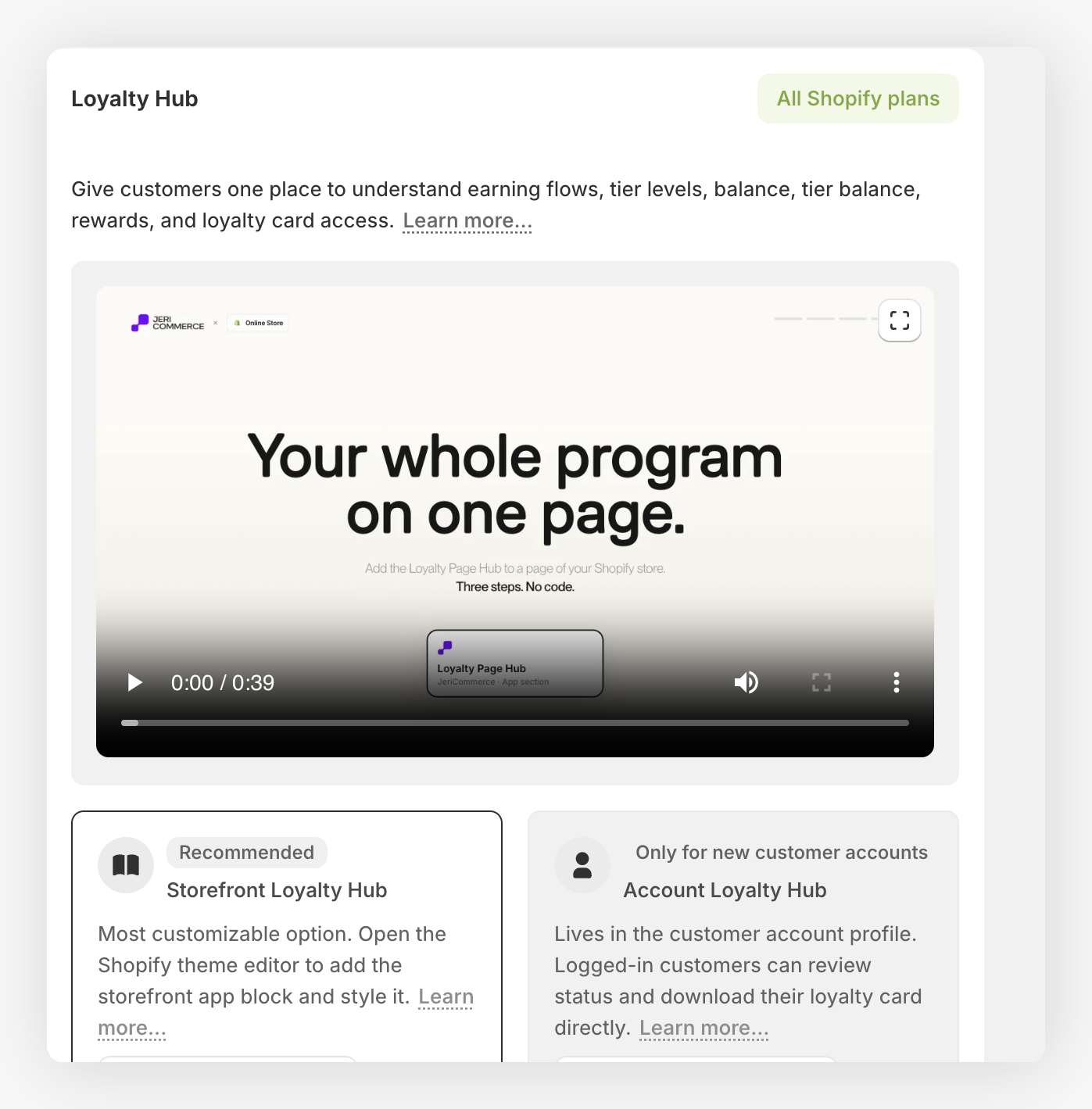 Storefront and customer account Loyalty Hub setup options