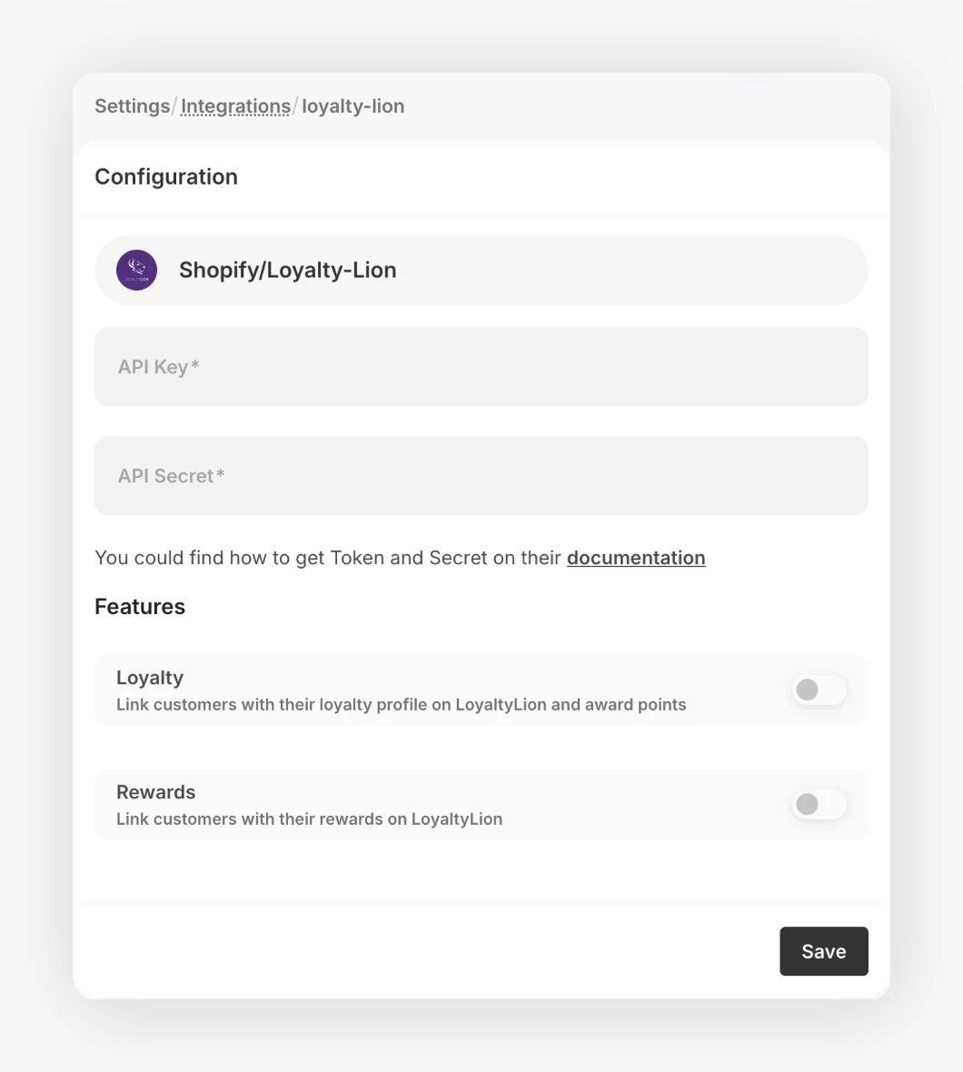 LoyaltyLion setup with API credential fields and feature switches