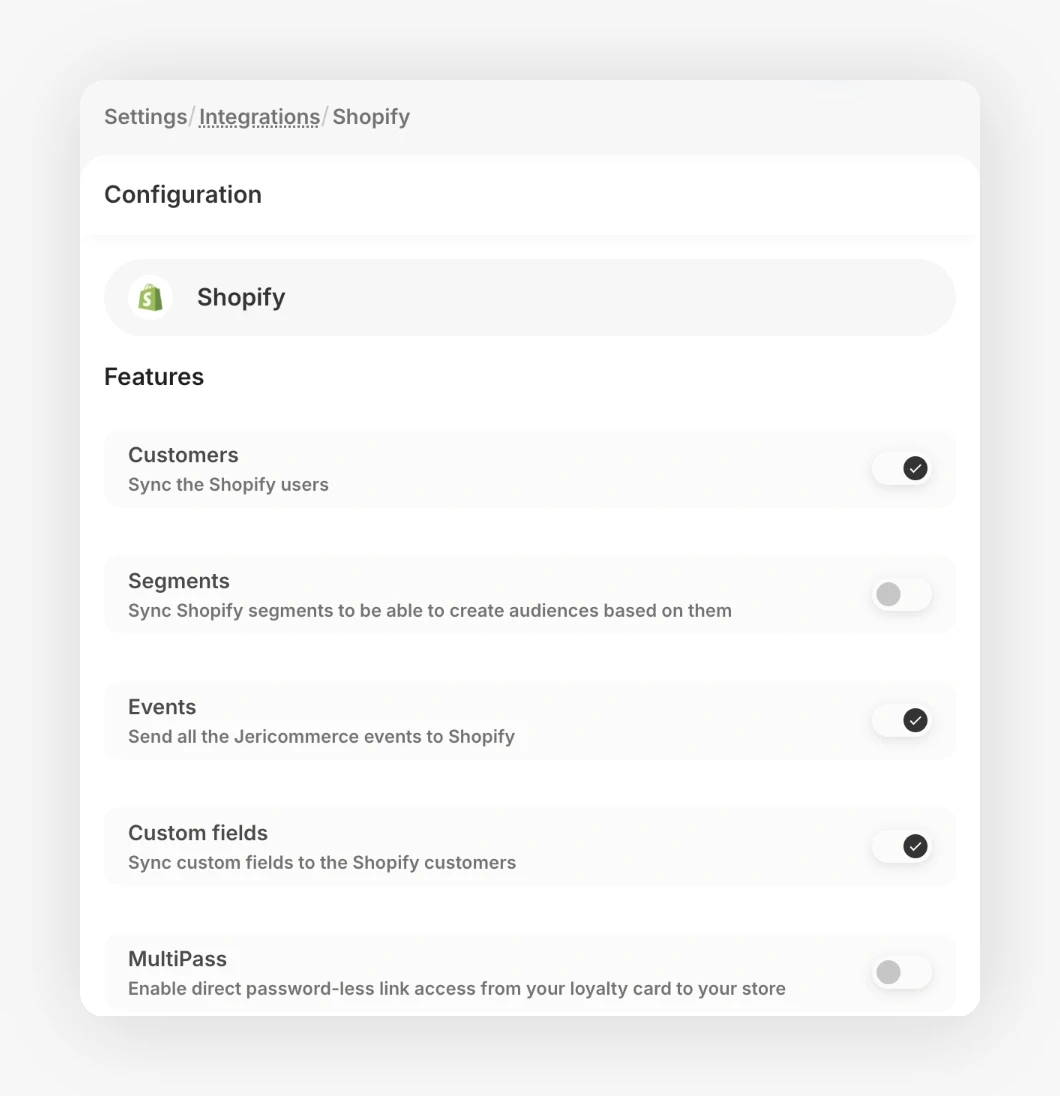 Shopify-Integrationseinstellungen in JeriCommerce