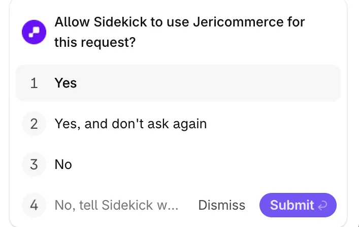 Sidekick asking whether it can use Jericommerce, with the options Yes, Yes and don't ask again, and No