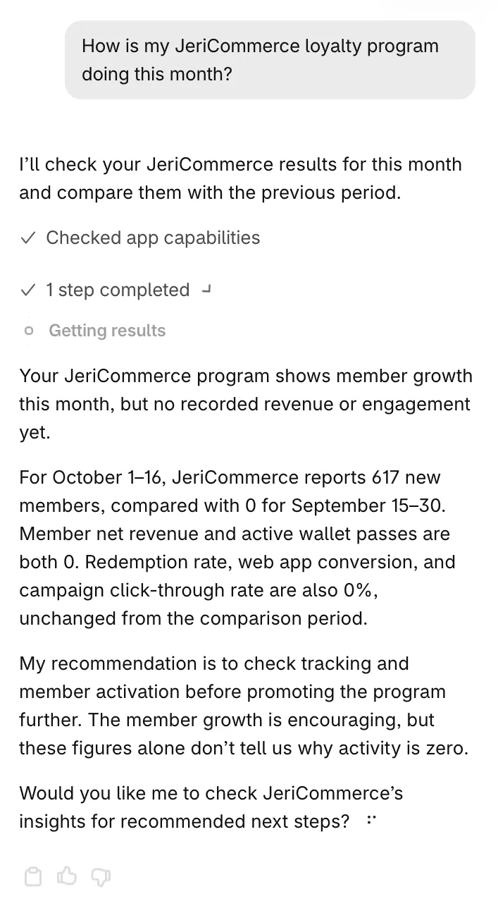 Sidekick answering a question about this month's loyalty program results