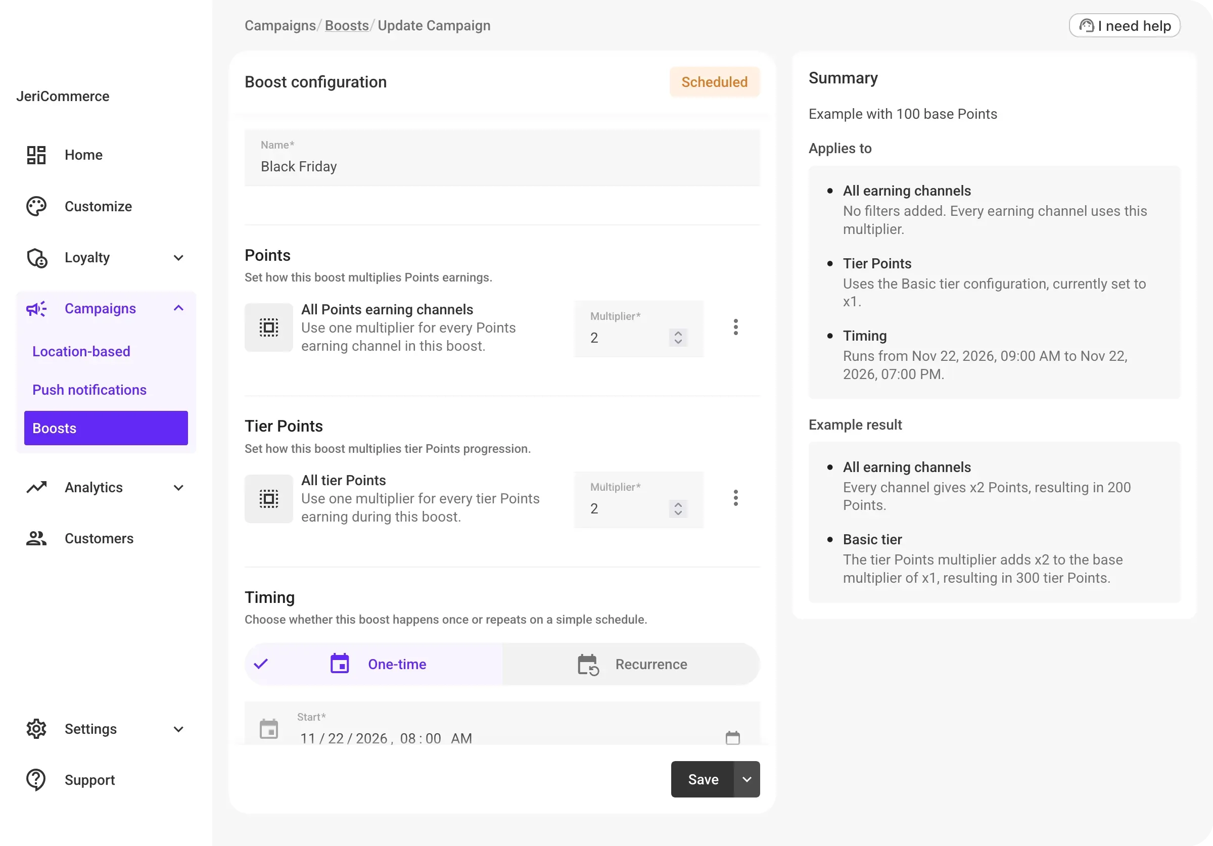 Boost configuration form with points, tier points, timing, and summary