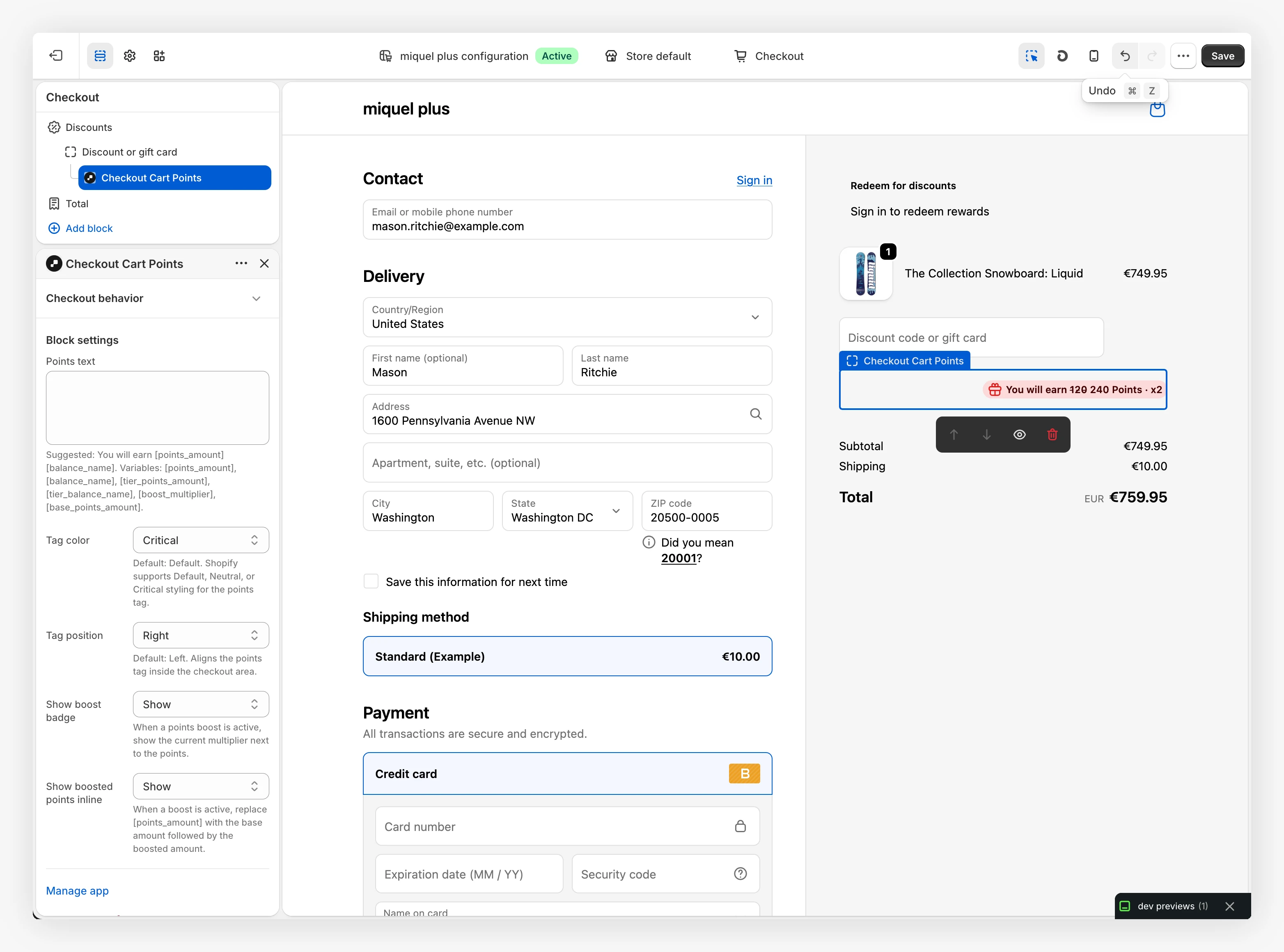 Checkout Cart Points block settings in the Shopify checkout editor next to a live preview