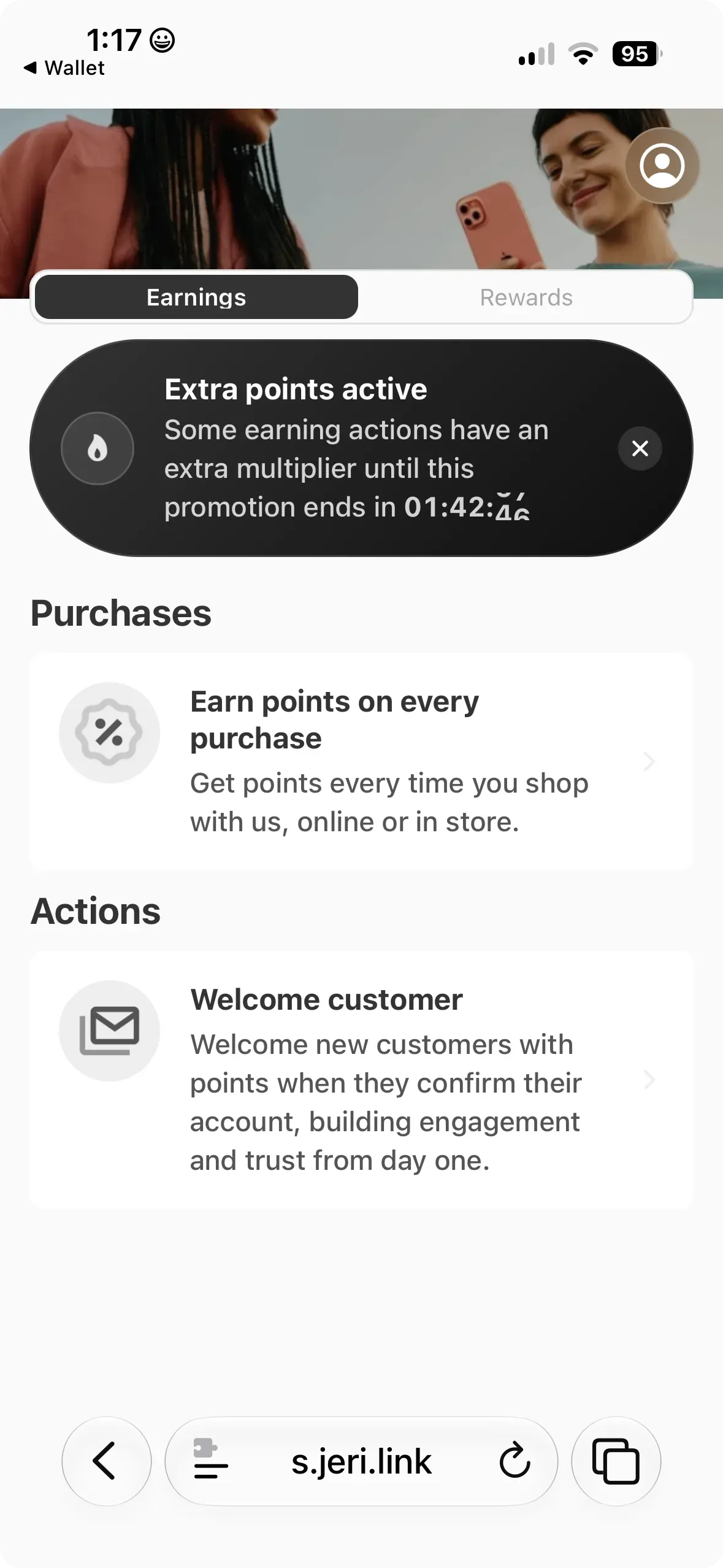 Customer loyalty app showing an active extra points banner