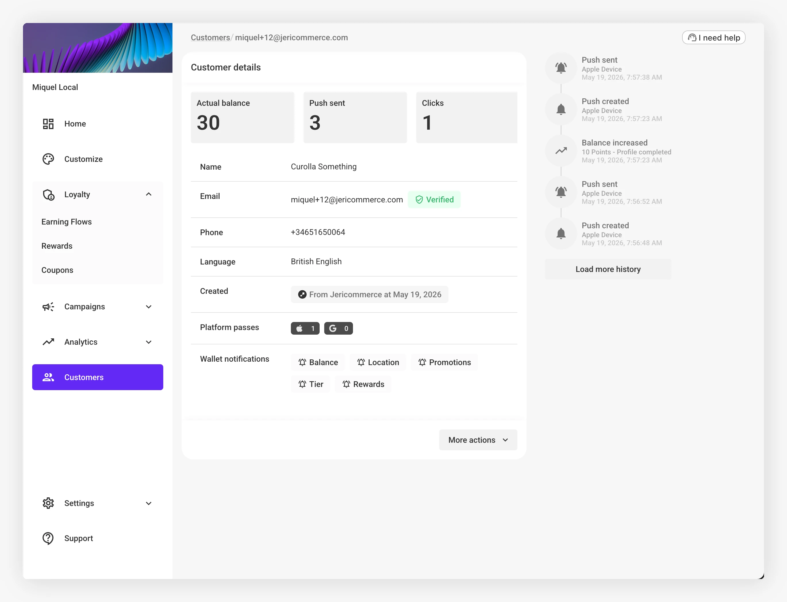 Customer profile detail view