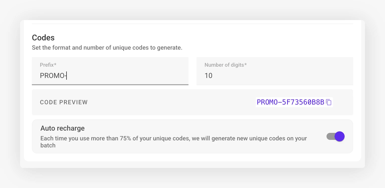 The auto recharge toggle at the bottom of the codes section