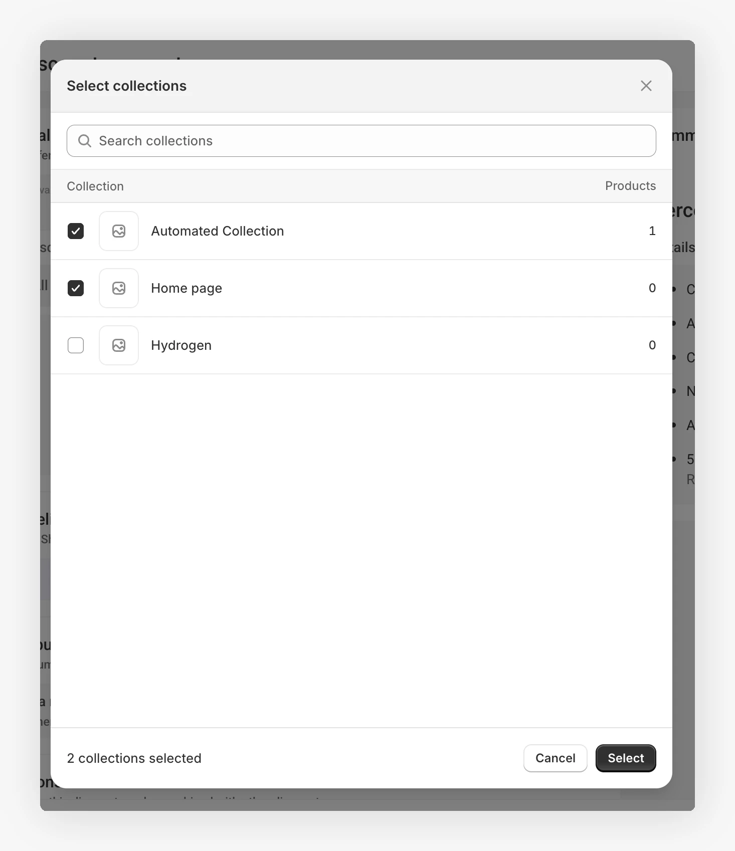 Two collections ticked in the Shopify resource picker