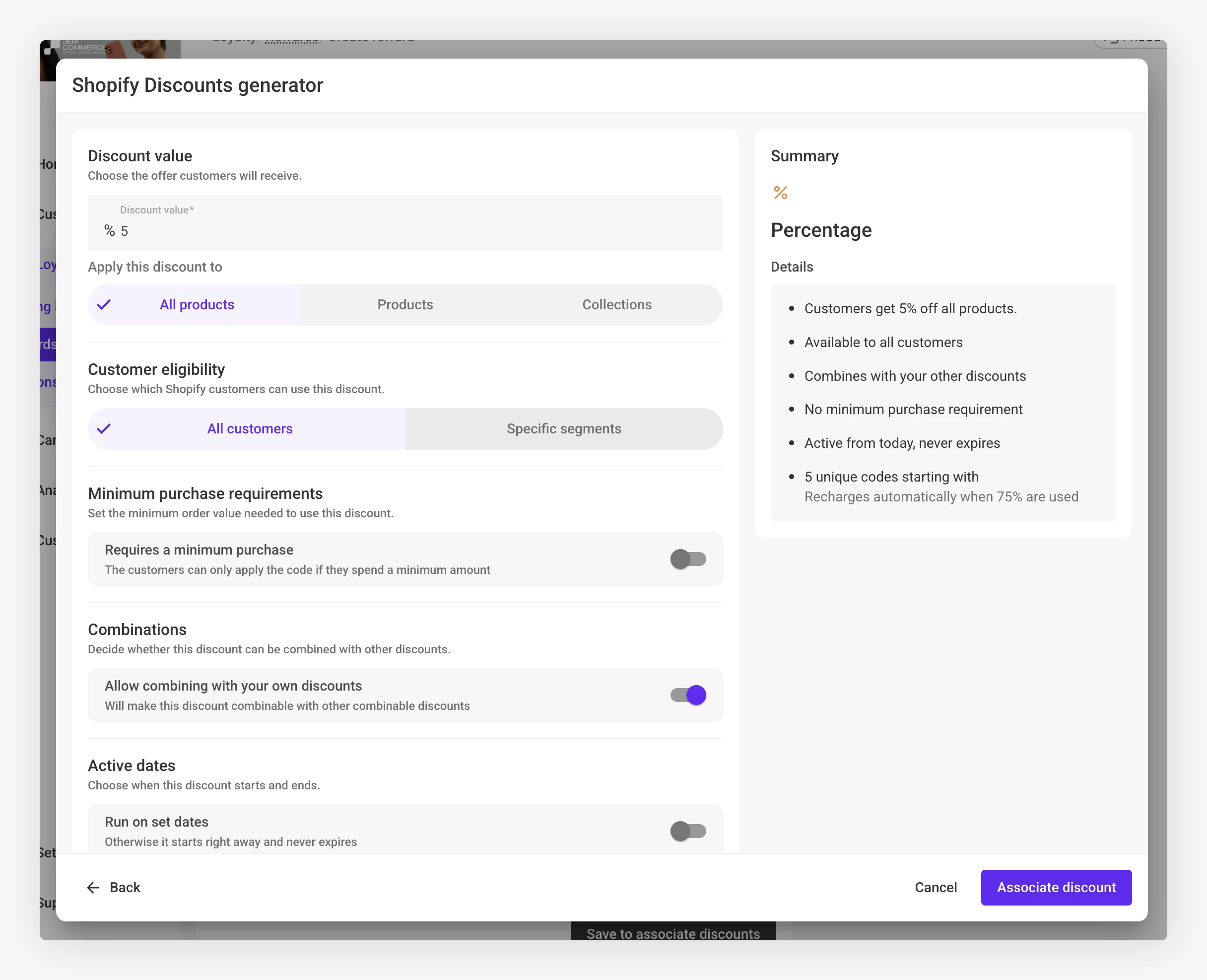 The discount form with the live summary panel