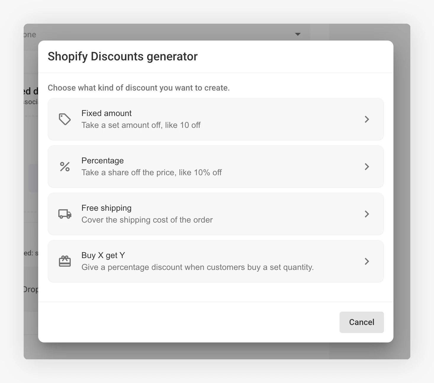 The discount type picker showing fixed amount, percentage, free shipping, and buy X get Y
