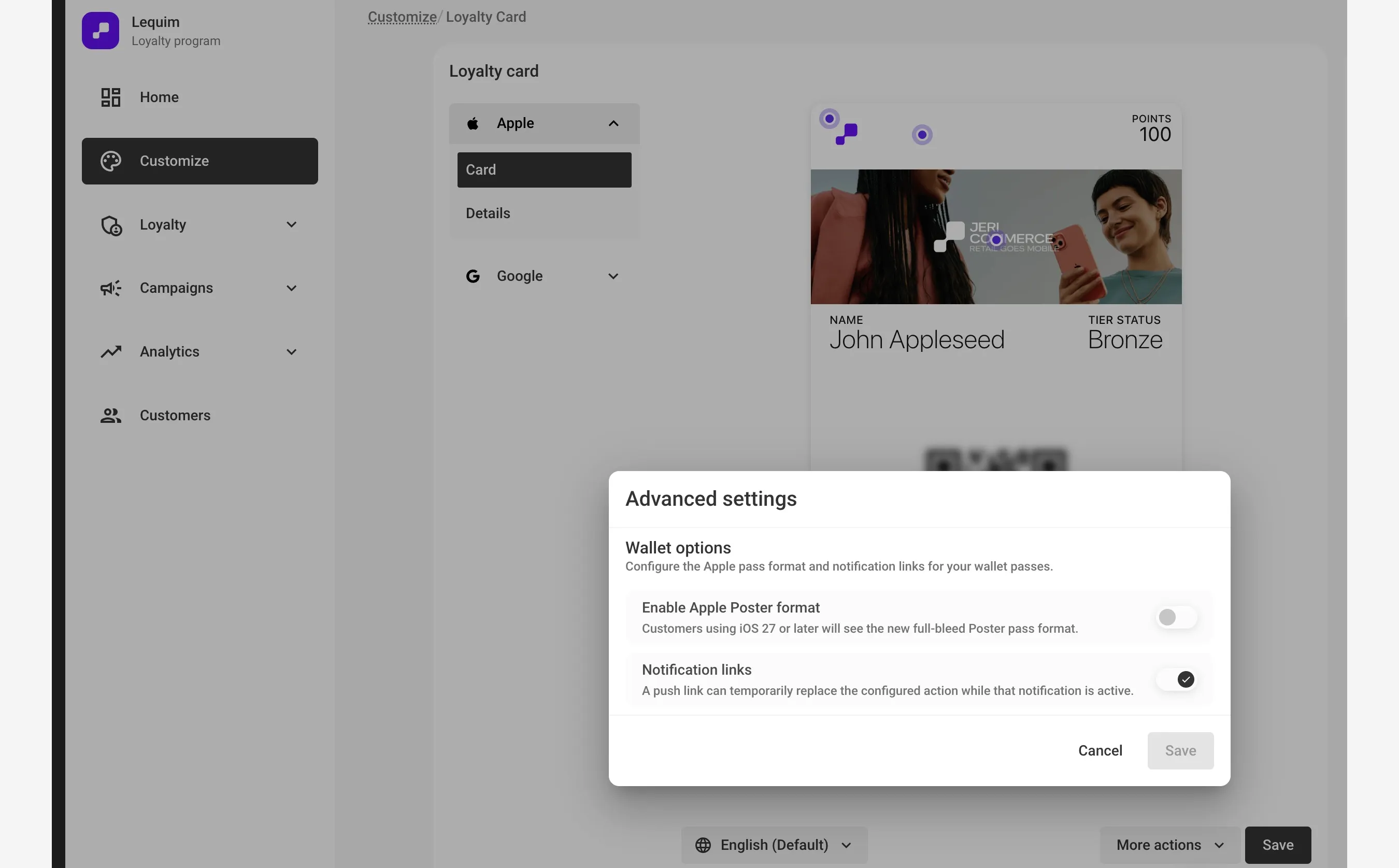 Advanced wallet settings with Apple Poster format and notification links