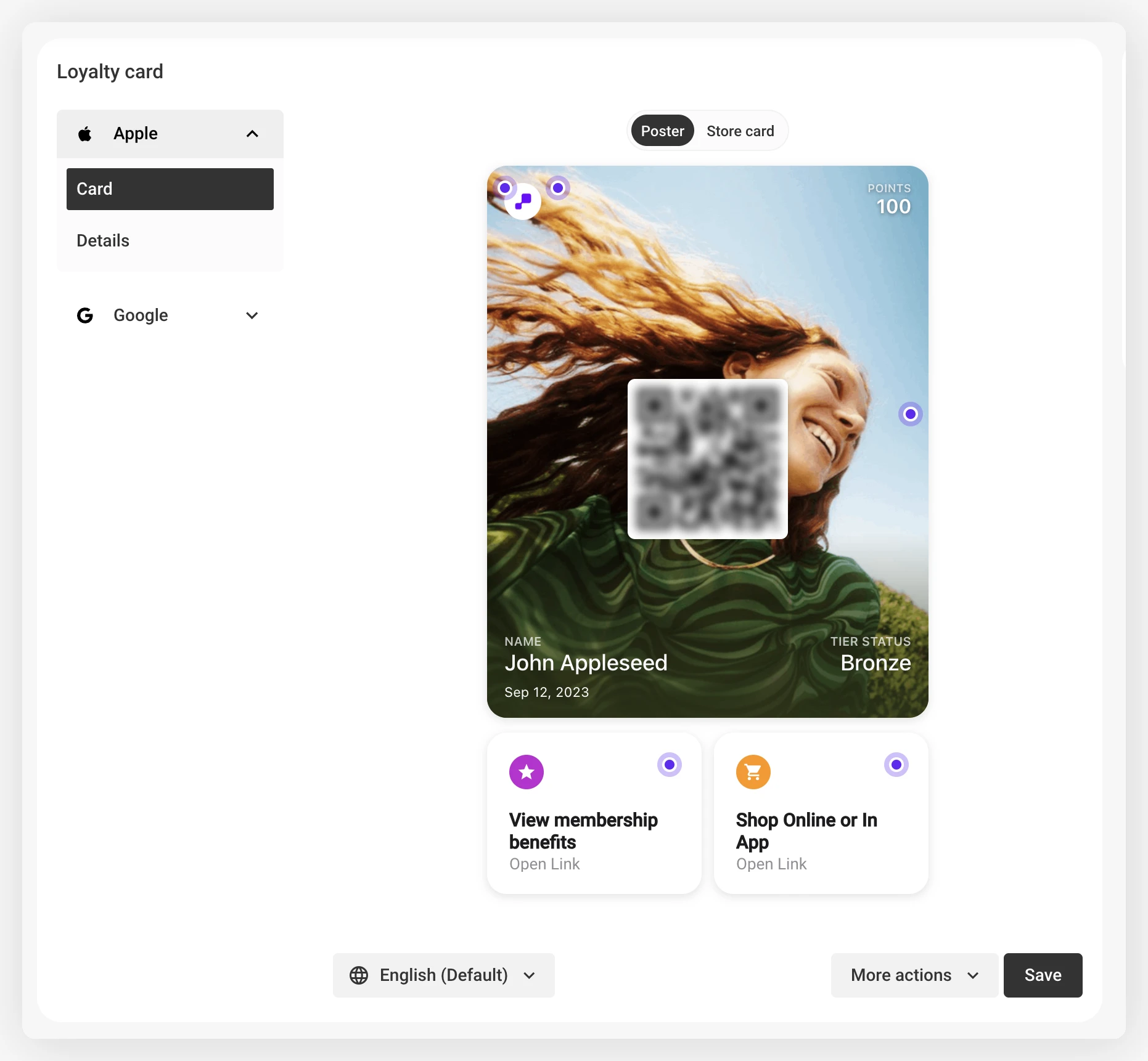 Apple Wallet card settings in the loyalty card editor