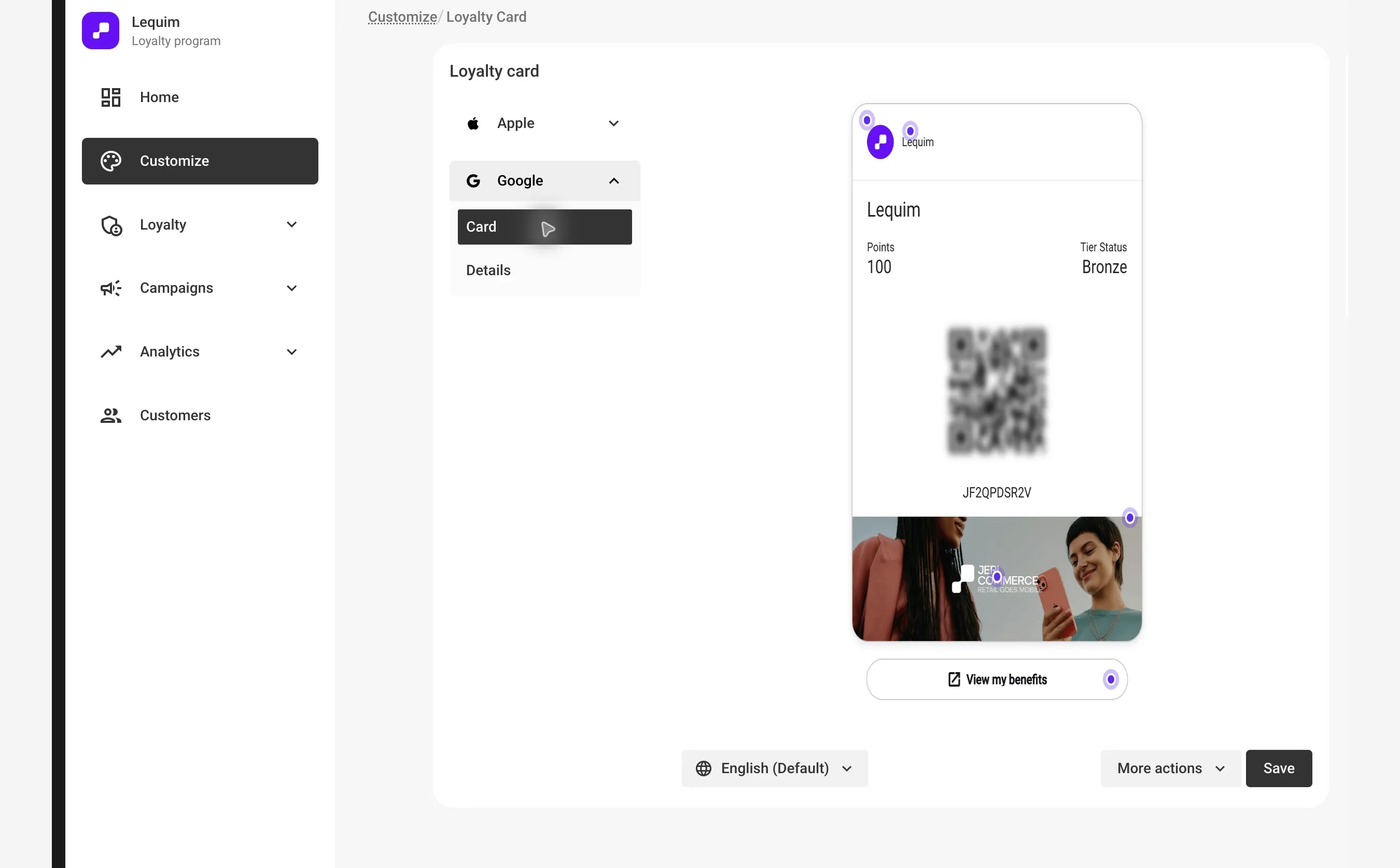 Google Wallet card settings in the redesigned loyalty card editor