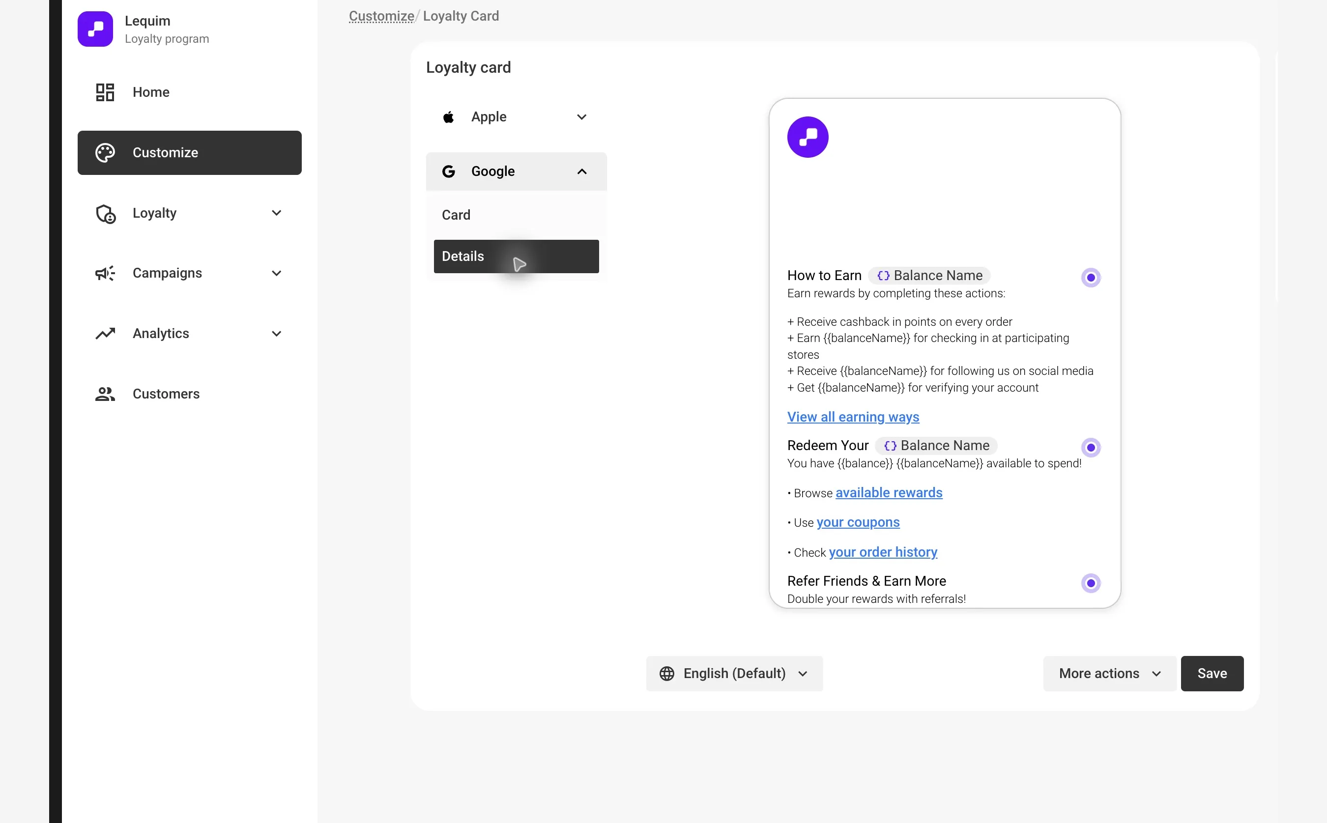 Google Wallet Details view with editable wallet sections