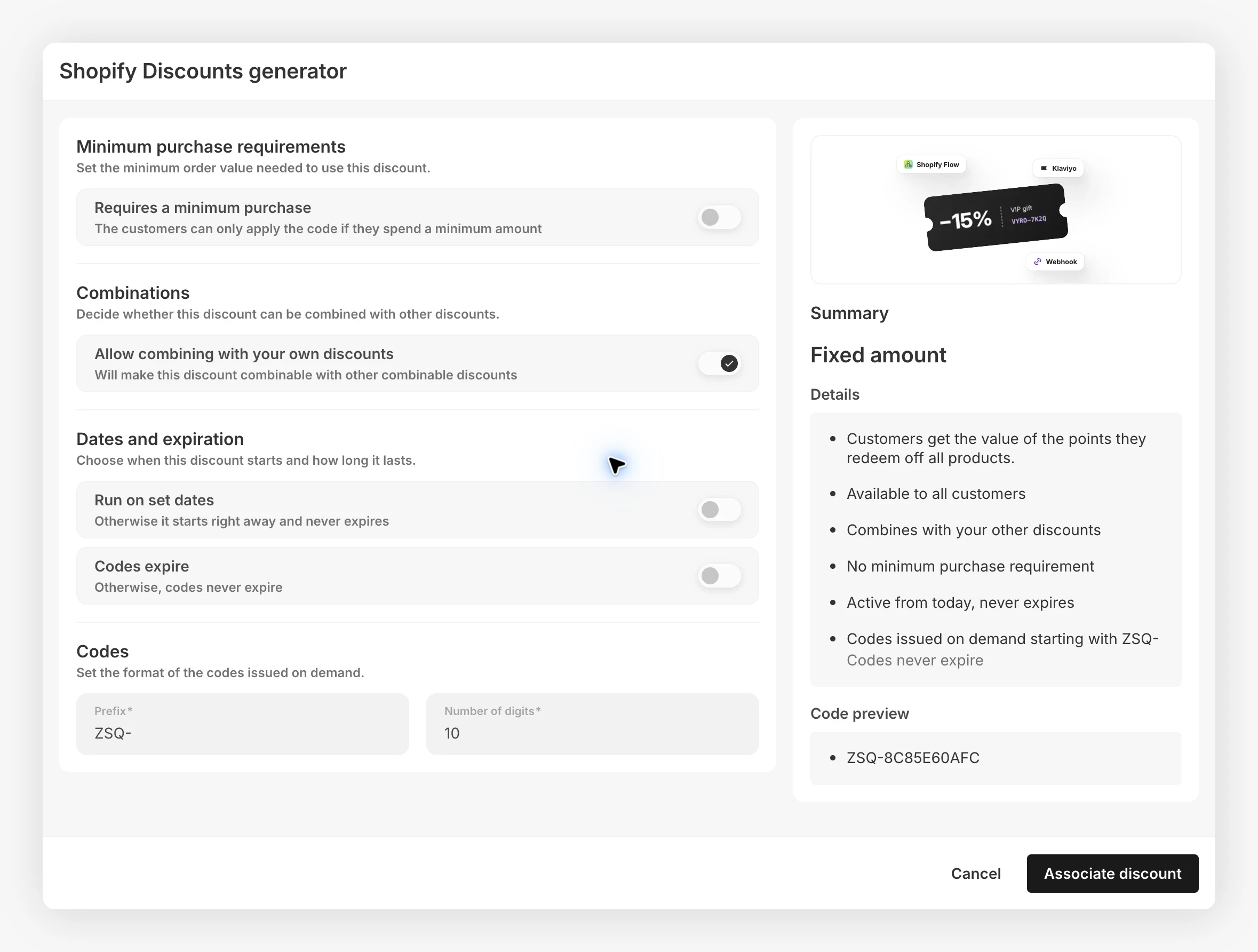 On-demand Shopify discount configuration with expiry and code format controls