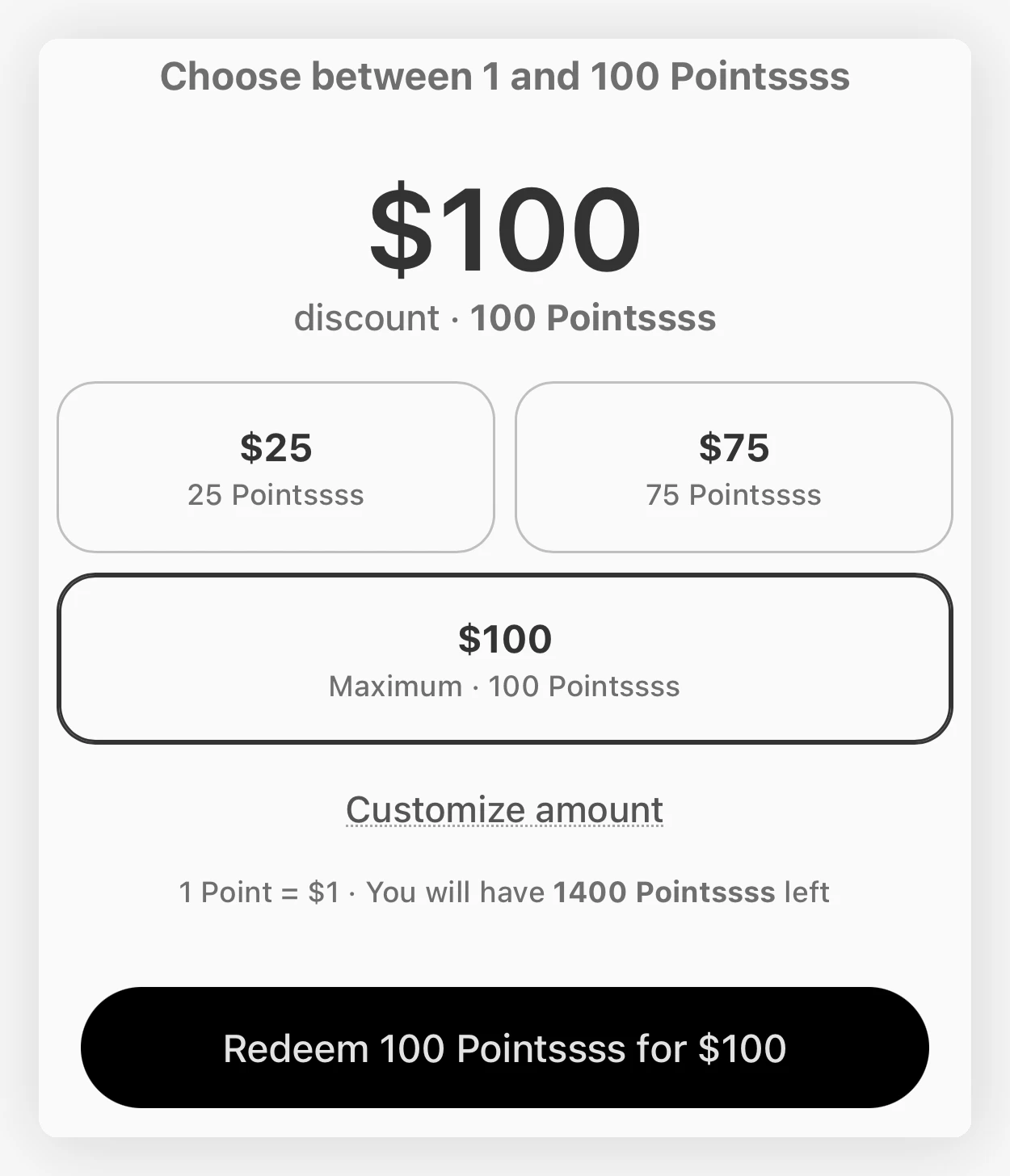 Points as cash amount selection with suggested amounts, Customize amount, remaining balance, and the Redeem button