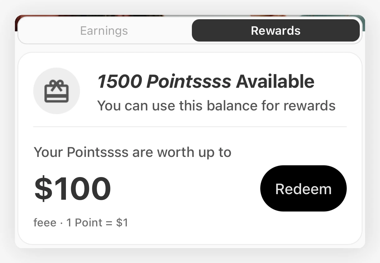 Tab Rewards mit Punktestand, Rabattwert bis zu $100 und Redeem-Schaltfläche