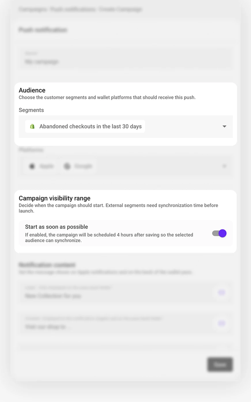Push notification campaign form showing the 4 hour external segment sync schedule