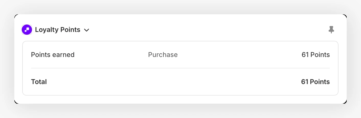 Shopify order Loyalty Points block showing points earned and total points