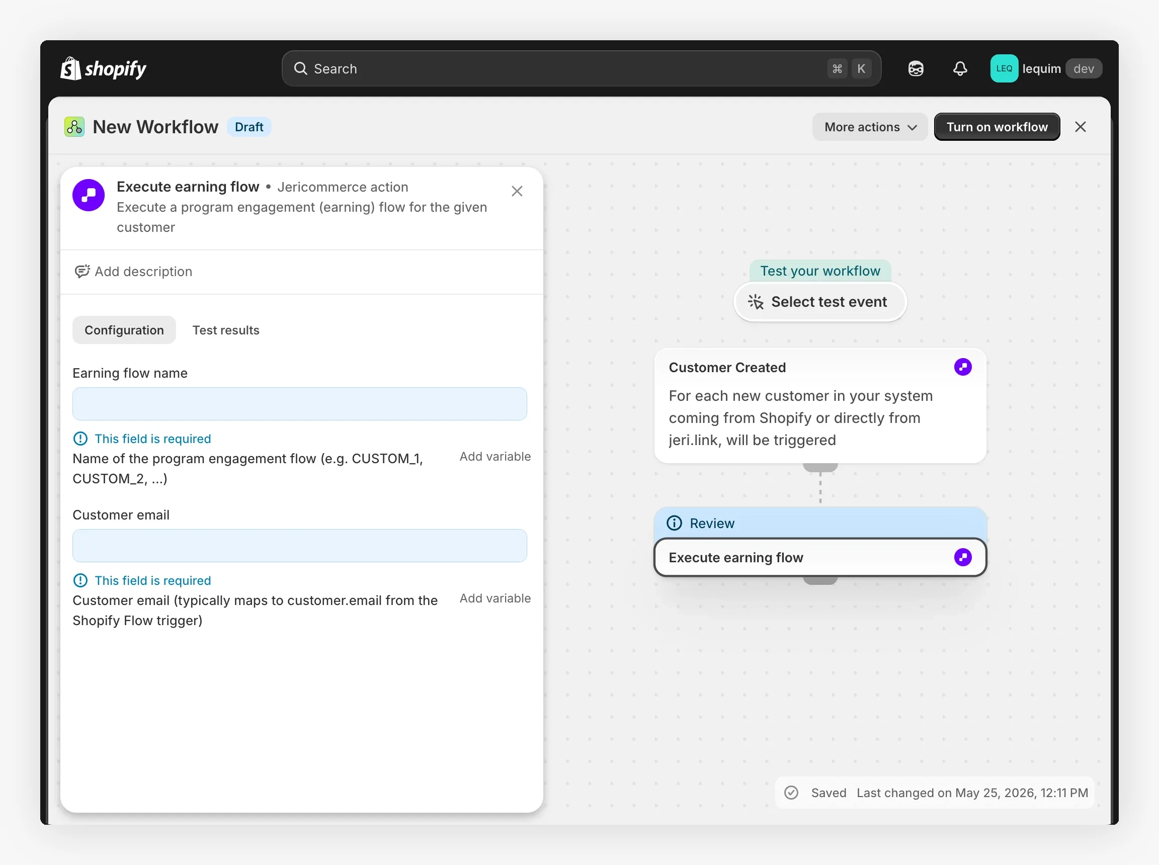Execute earning flow action configured inside a Shopify Flow