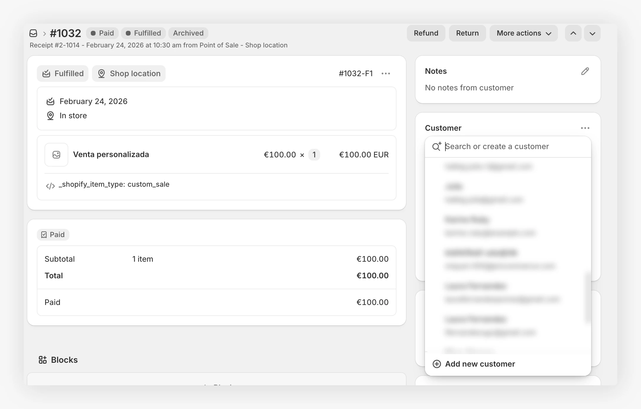 Shopify order page with the Customer card open and the customer search dropdown showing
