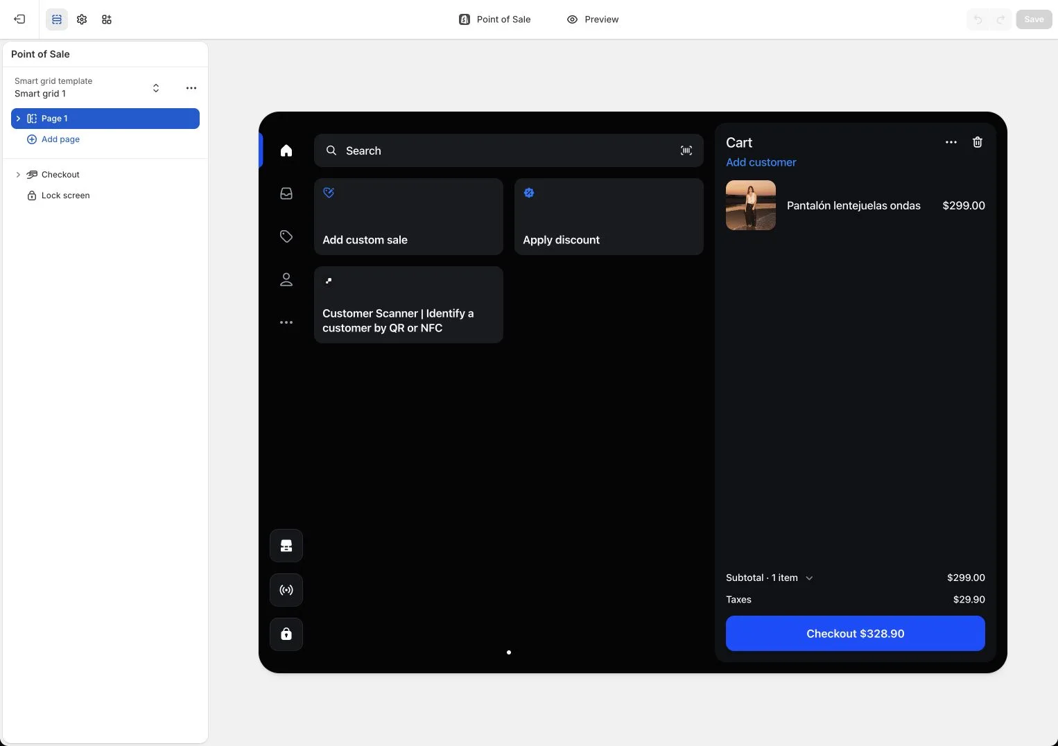 Editor Shopify POS con il riquadro Customer Scanner per l'identificazione QR o NFC