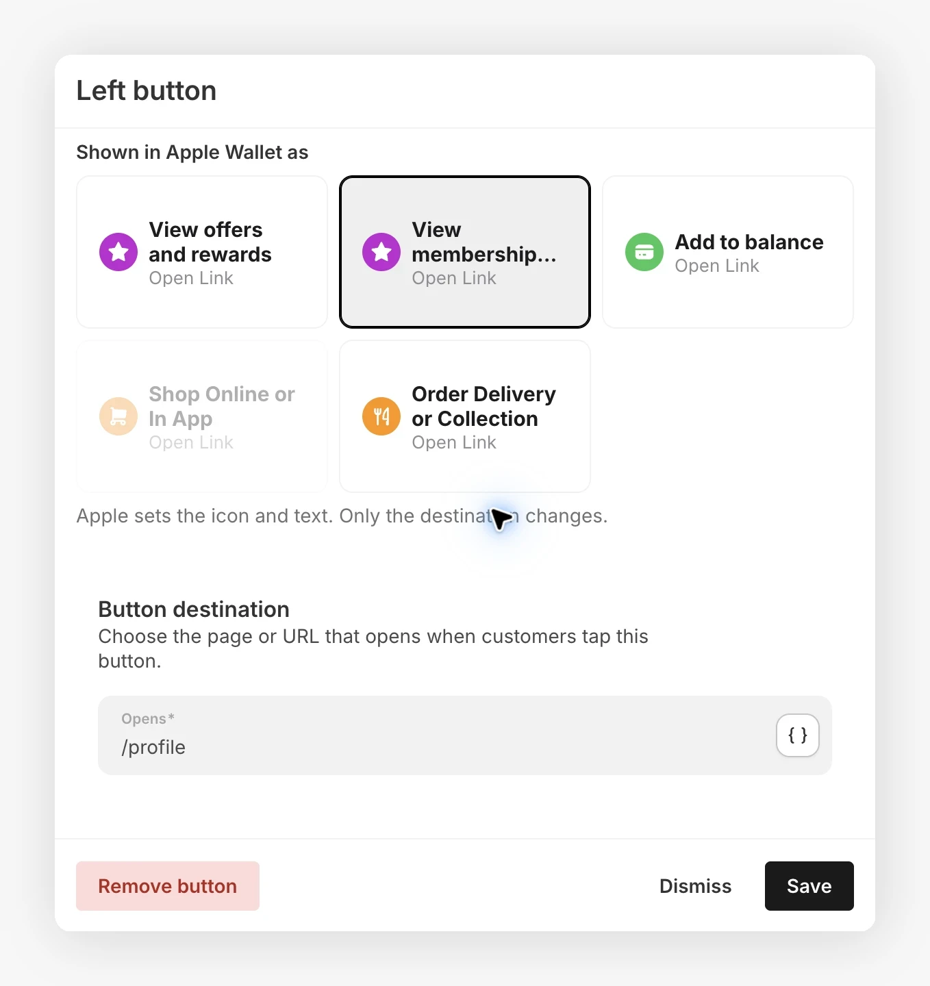 Tipos de acción de Apple Wallet y campo de destino Opens