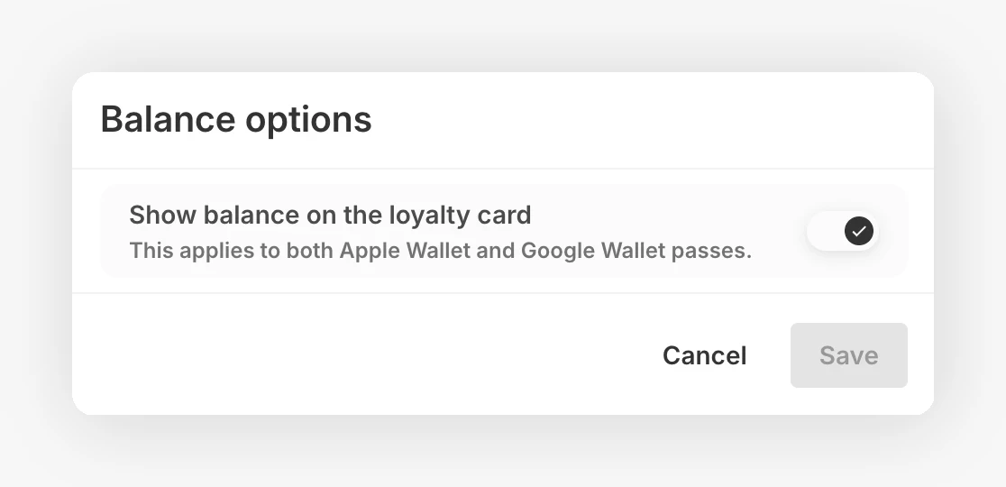 Finestra Balance options con l'impostazione Show balance on the loyalty card