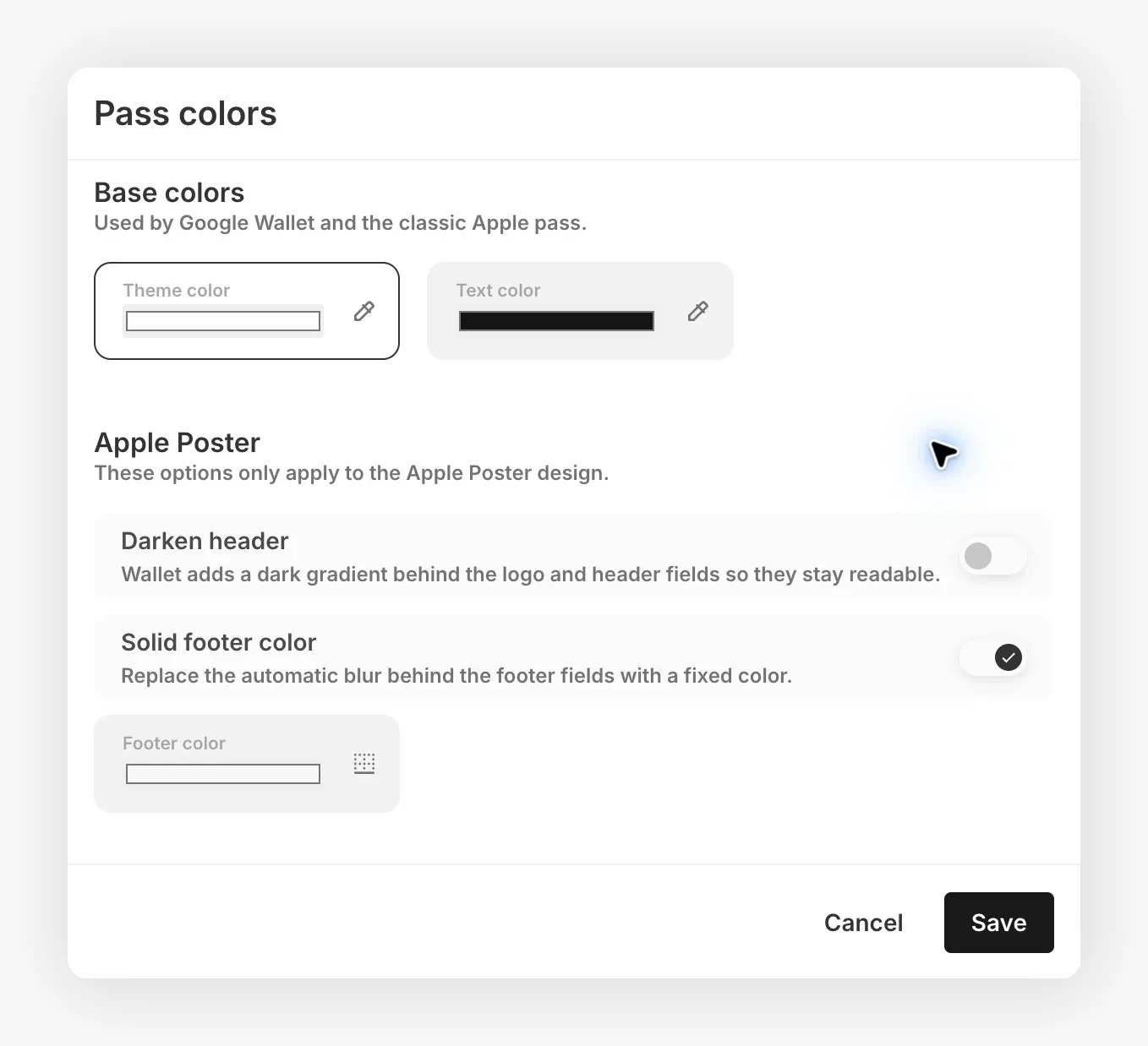 Cuadro de diálogo de colores Poster de Apple con controles del encabezado y pie